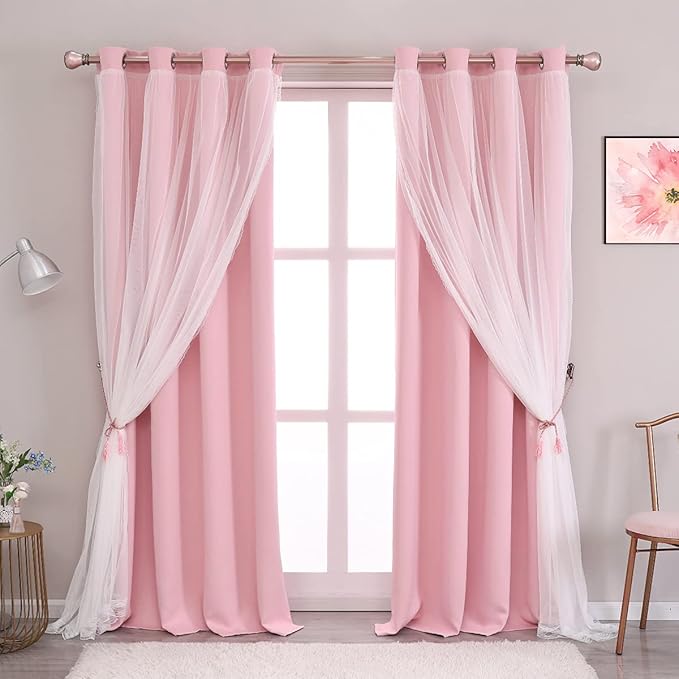 Blackout Sheer Curtains Set - Double Layers Stylish Mix & Match Elegance White Crushed Voile x Blackout Curtains with Tie-Backs for Nursery Bedroom, 52 by 108 inches, Light Pink, 2 PCs