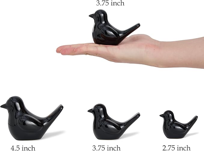 Small Black Bird Statue Ceramic 2-Piece Set, 3¾ inch Cute Knick Knack for Home Office Shelf Desk Decor