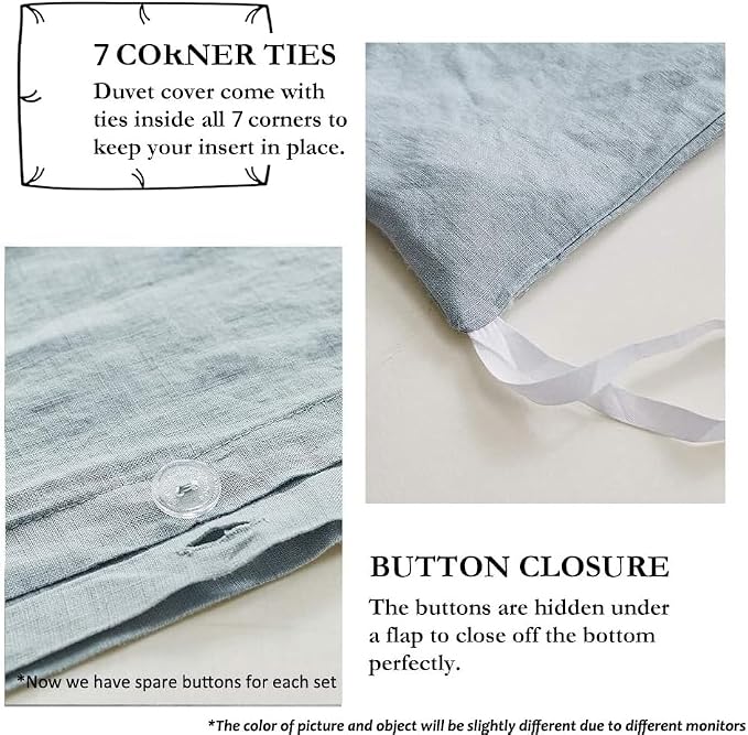 Simple&Opulence 100% Linen Duvet Cover Set with Embroidery Border Washed - 3 Pieces (1 Duvet Cover & 2 Pillow Shams) with Button Closure Soft Breathable Farmhouse - Dusty Blue, Full Size