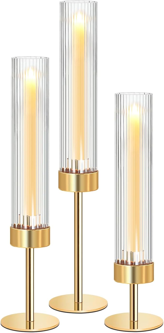 Metal & Acrylic Taper Candle Holders Set of 3 with Ribbed Design - Hurricane Clear Cylinder Candelabra for Wedding, Christmas, Party, Dining Table Centerpiece Decor (Gold, Set of 3)