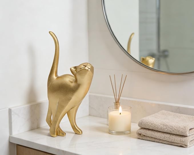 Gold Cat Statue Modern Abstract, Home Office Shelf Decor, 7-Inch Vibrant Assorted Colors, Easy to Match Any Decor Style