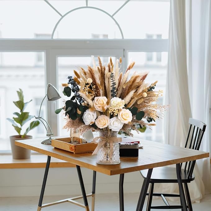 101pcs Artificial Flowers in Vase Natural Dried Pampas Grass Decor with Vase Boho Home Decor Bouquet Bunny Tails Dried Flowers, Reed Grass Bouquet for Wedding Floral Arrangements (101pcs)