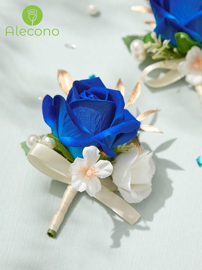 Alecono Boutonniere for Men, Set of 2 Navy Blue Corsages for Men Groom Bridegroom, Artificial Flowers for Prom Graduation Ceremony Anniversary