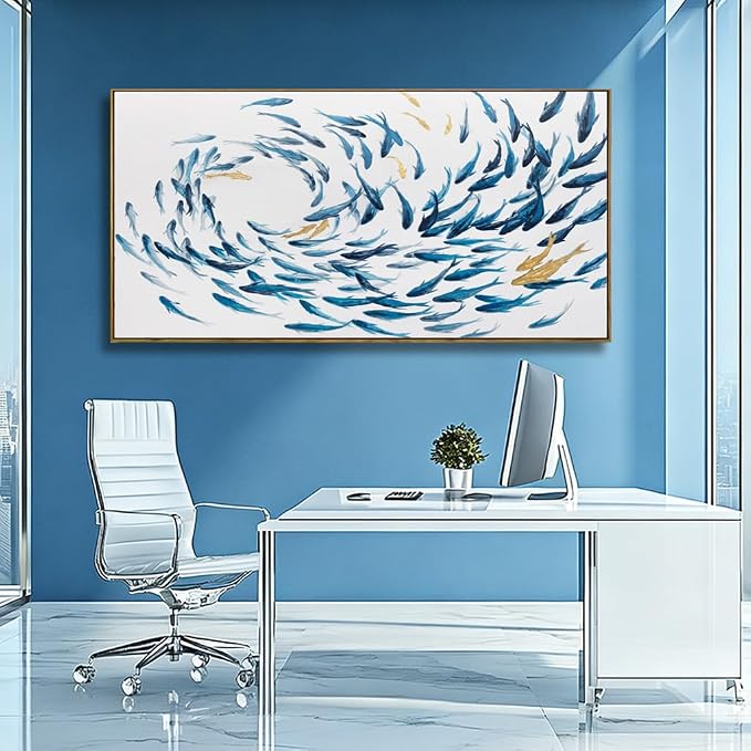 Canvas Wall Art Blue Fish Ocean Sea Framed Artwork Large Pictures Wall Decor Artwork Prints Poster Animal Arts 29"x58"for Living Room Office