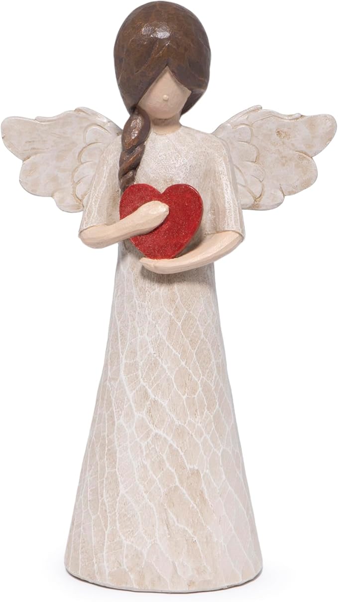 Hodao Angel Figurine with Heart — Wood-Carved Look Resin Christmas Decorations, Indoor Home Decor Ornaments, 8.5" Tall Guardian with Red Heart, Hand-Painted Figurines for Shelf, Mantel & Gift-Giving