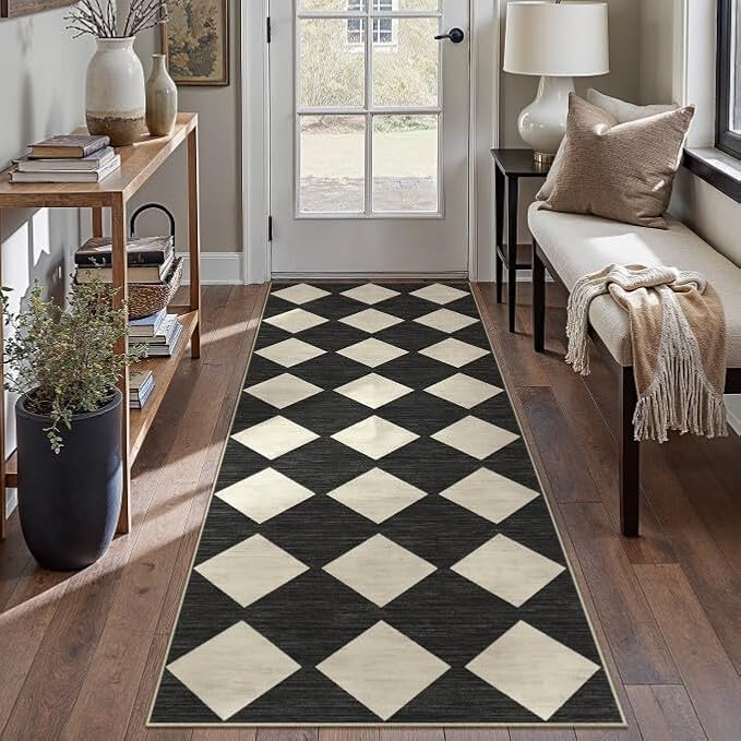 PureCozy Checkered 3x8 Runner Rug for Hallways Black and White Washable Long Carpet Non-Slip Low Pile Modern Soft Indoor Accent Throw Rugs for Entrance Kitchen Bedroom Dining Laundry