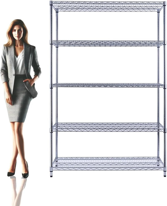 48"x24"x72" Chrome 5-Tier PREMIUM Wire Shelving NSF 4000 LBS MAX CAPACITY Heavy Duty Steel Storage Rack for Warehouses, Garages, Hospitals, Commercial Spaces, & Schools w/PREMIUM WHEELS