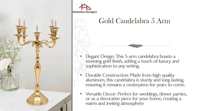 Metal Candelabra Five Arm Decorative Candlestick Holder for Weddings, Events, Dining Table Centerpiece Decoration, Halloween, Thanksgiving, Christmas, New Year & Everyday Use - 16 Inch Tall - Gold