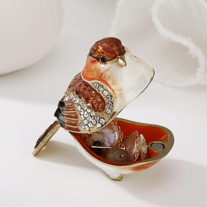 Hand Painted Enamel Goldfinch Trinket Box for Home Decor, Hinged Jewelry Organizer for Ring Earrings, Unique Figurine Keepsake Collectible Personalized Elegant Handmade Ornament Gifts (Gold Finch)
