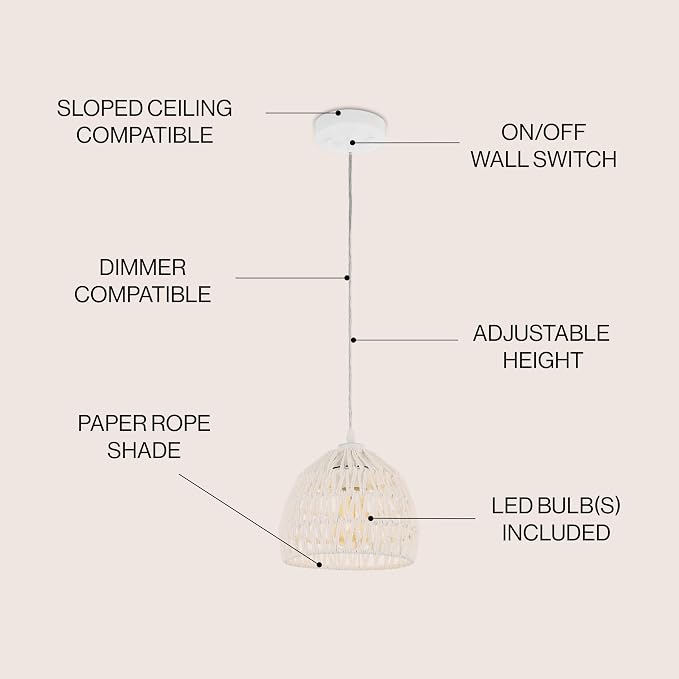 JONATHAN Y 8.25" White Modern Bohemian Woven Rope LED Pendant Light Fixture, Adjustable Dome Ceiling Lamp for Kitchen Island, Rope Shade, Coastal Farmhouse Decor (JYL6512A)
