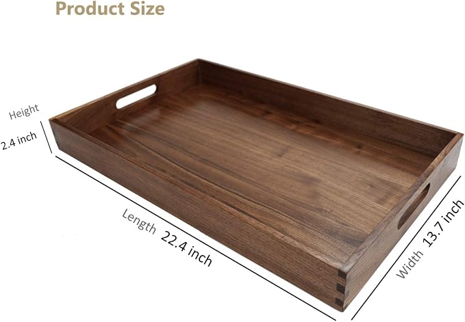 22 x 14 Inches Large Rectangle Black Walnut Wood Ottoman Tray with Handles, Serve Tea, Coffee, Classic Wooden Decorative Serving Tray