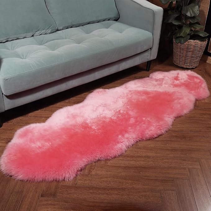 IRIWOOL Premium Genuine Fur Sheepskin Rug Real Australia Sheepskin Natural Luxury Fluffy Lambskin Fur Area Rug Seat Covers for Kids Bedroom Sofa Chair Cover (Pink, Double Pelt/2ft x 6ft)