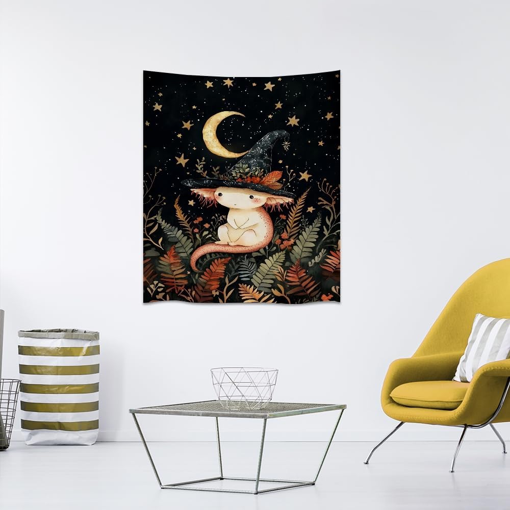 Whimsical Witch Tapestry Wall Hanging Decor Cute Axolotl Tapestry Magical Moon Animal Nursery Decoration Halloween Tapestries wall art for Home Kids Bedroom Living Room 40x60inch