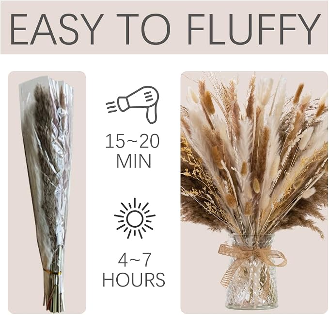 106pcs Artificial Flowers in Vase Natural Dried Pampas Grass Decor with Vase Boho Home Decor Bouquet Bunny Tails Dried Flowers, Reed Grass Bouquet for Wedding Floral Arrangements (106pcs)