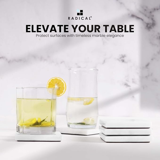 Radicaln White Marble Coasters Set of 6 Handmade 3.5" Inch Square Coasters for Drinks, Elegant Stone Coasters for Home, Office & Kitchen Decor