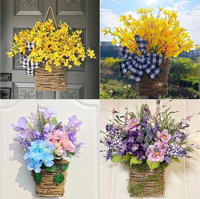 2026 Cream Hydrangea Door Hanger Basket Wreath, Spring Summer Wreaths for Front Door Wildflowers Front Door Basket Wreath Artificial Flower Hanging Basket for Home Farmhouse Seasonal Decor (B)