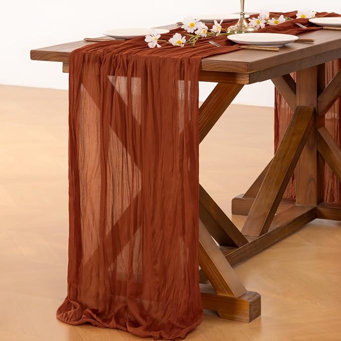Socomi Terracotta Easter Spring Fall Cheesecloth Table Runner Boho Rustic Farmhouse Gauze 120 inch 10FT Cheese Cloth Runner for Wedding Party Baby Shower Birthday Home Decor Holiday Decorations