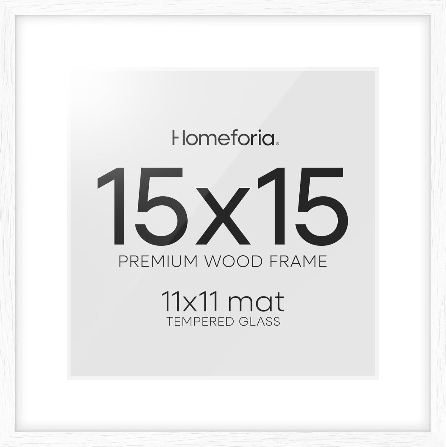 Homeforia 15x15 White Picture Frame, High End Oak 15 x 15 Square Wood Frames with Mat 11 by 11 inches Photo, 15by15 White Wooden Poster Frames Matted to 11x11 Print, Tempered Glass, Wall Kit, Set of 1