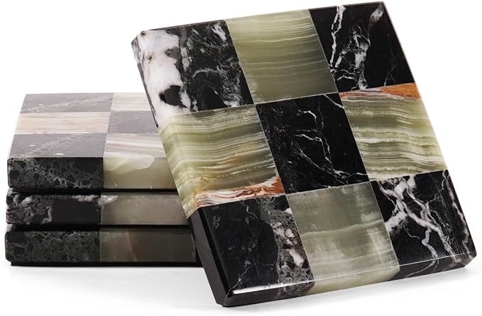Marble Coasters Set of 4, Zebra Black & Green Handmade 4 inch Square Natural Marble Coaster, Elegant Drink Checkered Coasters for Coffee Table, Stylish Bar Accessories & Home Décor