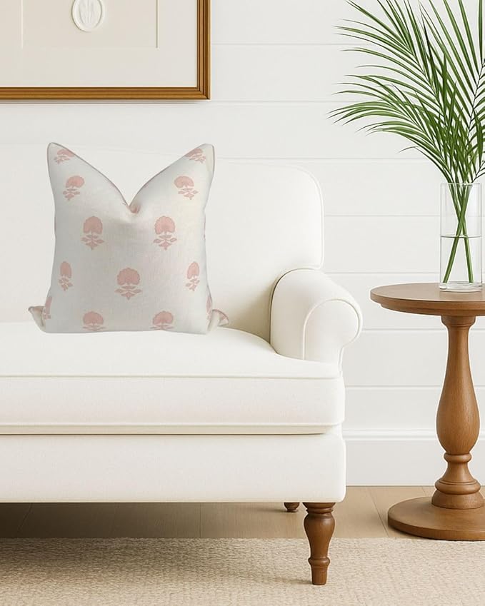 Jillien Harbor “The Lauderdale” Floral Block Print Pillow Cover – Blush Pink and Off-White Decorative Throw Pillow Cover – Grandmillennial Home Decor, 20" x 20"