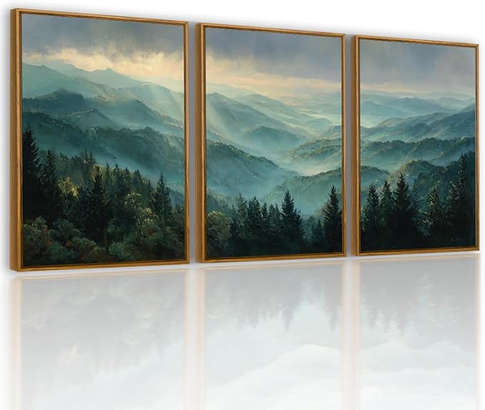 QTUSYUR Sage Green Mountain Wall Art - Large Farmed Pine Forest Landscape Art Print - Abstract Nature Adventure Artwork for Farmhouse Bedroom Living Room- Misty Mountains Triptych Decor 16”×24”×3