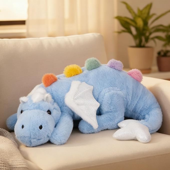 ARELUX Large 36in Cute Dragon Stuffed Animals Plush Toy Soft Sky Blue Pterosaur Plushie Giant Fuzzy Dinosaur Pillow Plushies with White Wings Cuddly for Friends Family Member