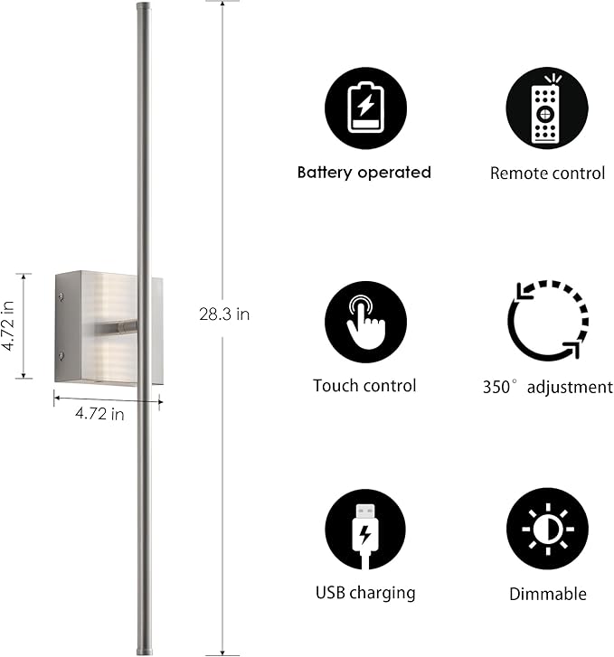 KARTOOSH 28.3 Inch Wall Sconces Battery Operated for Living Room Nickel | Rechargeable Wireless Wall Lamp Set of 2, 3000K Warm White Dimmable Wall Light Remote Control Indoor Lighting for Bedroom