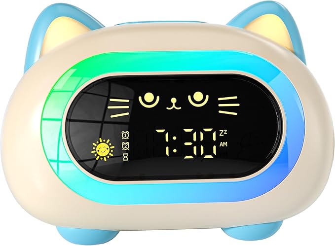 ANALOI Alarm Clock for Kids, Kids Alarm Clocks for Girls with Sleep Training Dual Alarm Eye Protection Auto Off Timer 10 Color Night Light, Cat Ok to Wake Clock, Gifts for Kids Girls