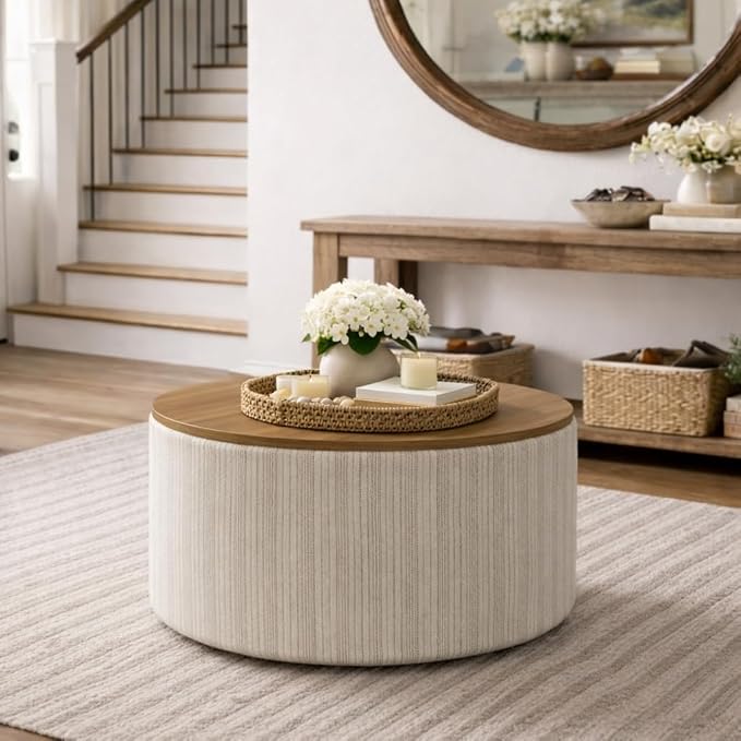 HomePop Modern Fabric Storage Ottoman with Wood Top -Marigold Pinstripe Cream Fabric