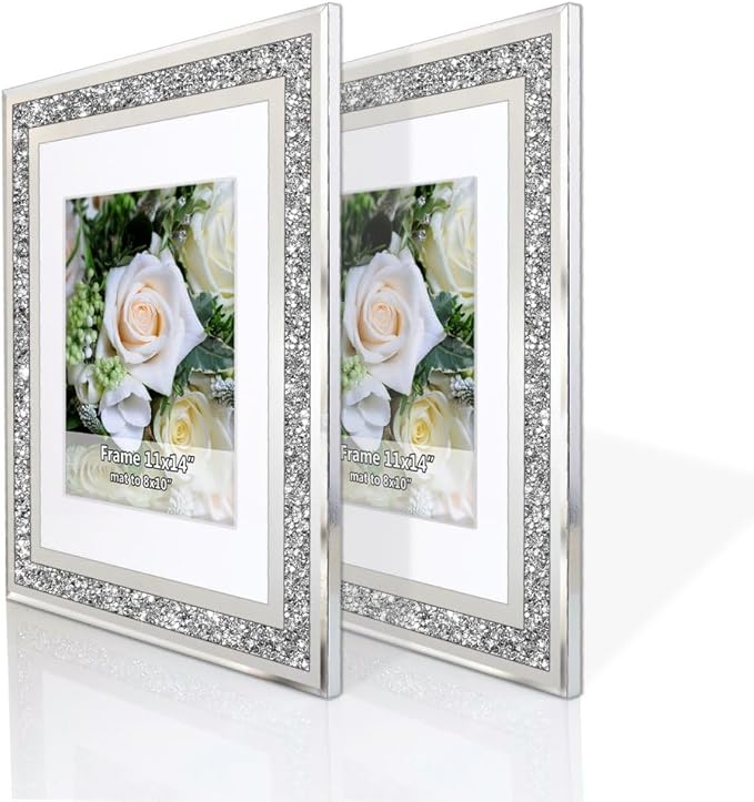 Crushed Diamond Wedding Mirror Photo Frame, Crystal Silver Glass Picture Frame For Photograph Size 11x14 inch With Mat for 8x10 inch, Pack of 2 Pieces Wall Frame. Bling Sparkle Diamond Home Decor.