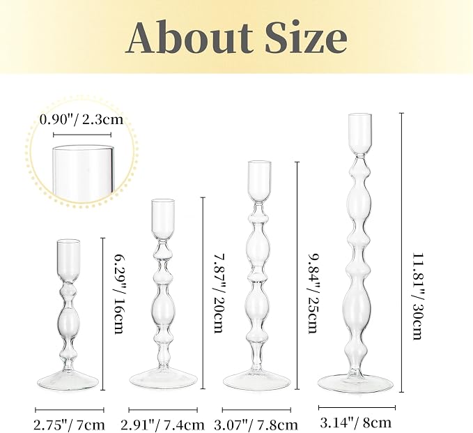 Hewory Glass Candle Holder Set: 4PCS Clear Glass Candlestick Holders Vintage Taper Candle Holders for Candlesticks, Unique Candle Sticks Holder Decor for Table Dinner Festival Events Decorations
