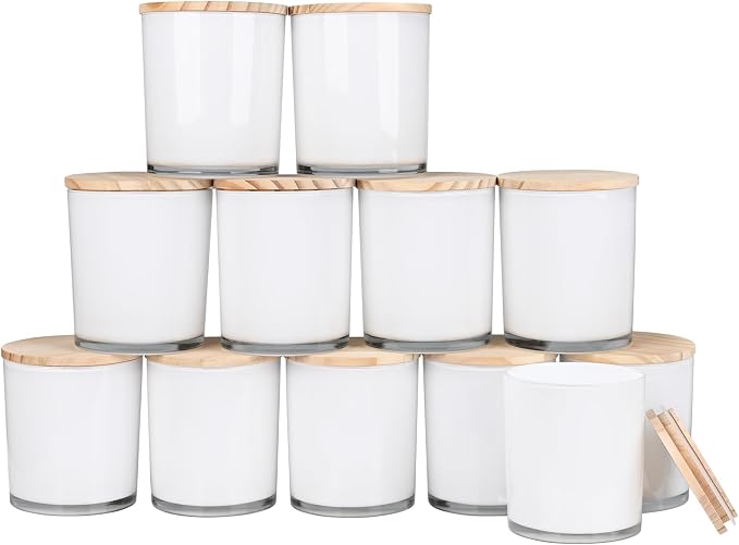 Thick Candle Jars for Making Candles 12 Pcs, 14 OZ Empty Jars with Wood Lids for Candle Making, Sample Container, Inner White