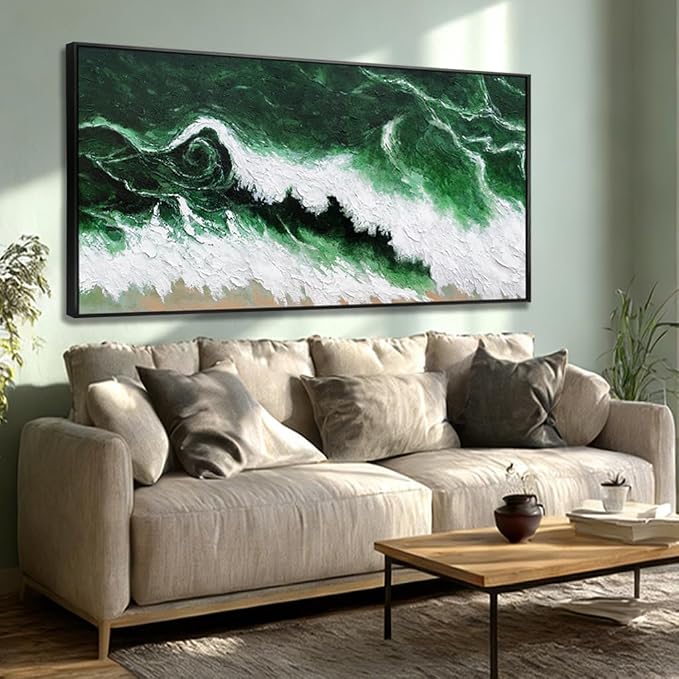 Large Framed Canvas Print Wall Art Abstract Green Wave Nature White Textured Modern Minimalist Art Canvas Wall Decor Living Room 24"x48"