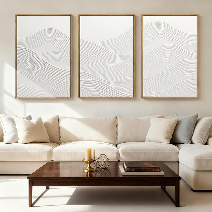Anyzal Extra Large Framed White Textured Wall Art 24x36 Inch Neutral Abstract Modern Canvas Wall Decor Minimalist Waves Artwork for Living room Dining room Bedroom Set of 3