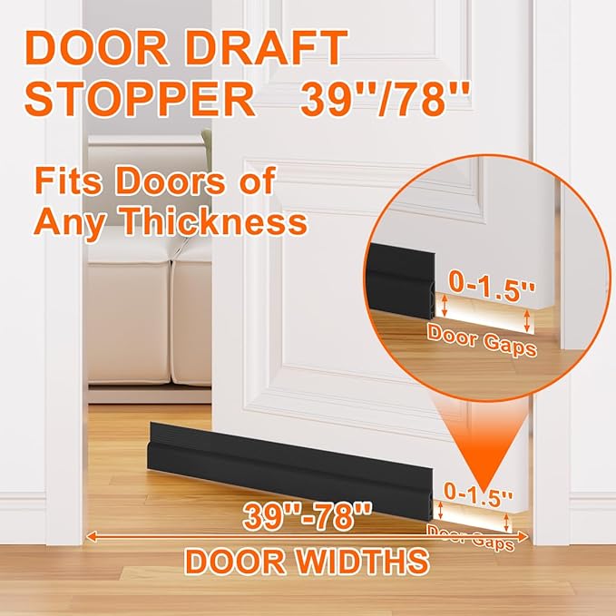 Door Draft Stopper, Adjustable Weather Stripping Seal for Cold Insulation, Bottom/Under Sweep for Exterior & Interior Doors, Seal Blocker Noise, Black, 39 inches