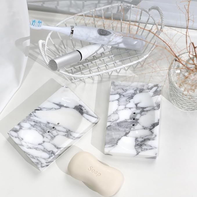 Luxurious Natural Marble Soap Dish Tray Marble Soap Holder Trinket Plate for Bathroom Sink Kitchen Countertop Bedroom Vanity Bathroom Accessory Rectangular (2 Pack)