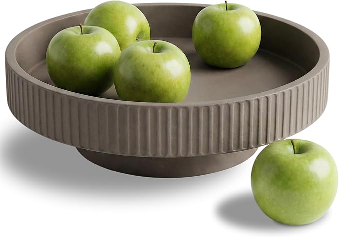 JUPTR Concrete Fruit Bowl (12") – Shallow Fluted Pedestal Decorative Centerpiece Bowl for Table, Entryway Catch-All & Modern Home Decor – Heavyweight Stone Bowl (Charcoal)