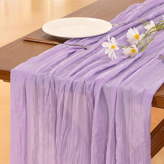 Socomi 6pcs Lilac Purple Lavender Cheesecloth Table Runner Easter Spring Boho Rustic Gauze 120 inch 10FT Cheese Cloth Runner for Wedding Party Baby Shower Birthday Home Decor Holiday Decorations