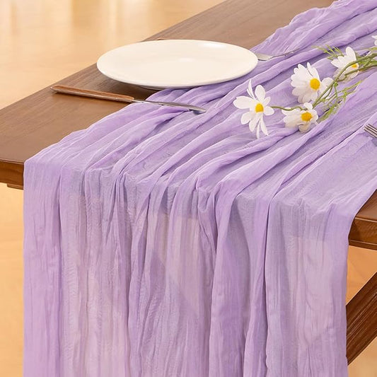 Socomi 6pcs Lilac Purple Lavender Cheesecloth Table Runner Easter Spring Boho Rustic Gauze 120 inch 10FT Cheese Cloth Runner for Wedding Party Baby Shower Birthday Home Decor Holiday Decorations