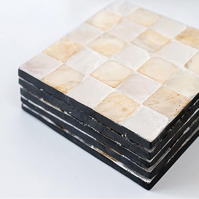 6 Pack Mother of Pearl Squre Coasters with Holder, Seashell Inlay Square Cup Holders with Organizer, Decorative Coasters Capiz Shell Trivet for Coffee Table, 5", I-lan (Mosaic)