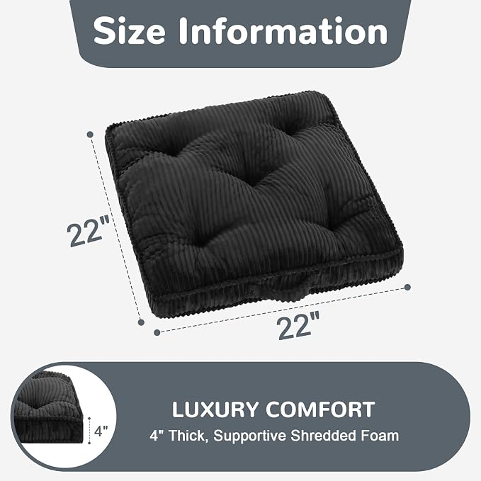 Meditation Floor Cushion Set of 2, 22x22 Tufted Floor Cushion for Adults, Square Large Meditation Cushion Pillow, Corduroy Sitting Pillow with Handle, Yoga Seating for Tatami, Dark Grey