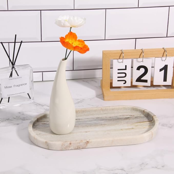Oval Marble Bathroom Vanity Tray, Natural Luxury Marble Home Kitchen Bathroom Table Tray, Stone Decorative Countertop Tray for Coffee Perfume Jewelry (Viva Jade, 12" x 6" x 0.8")