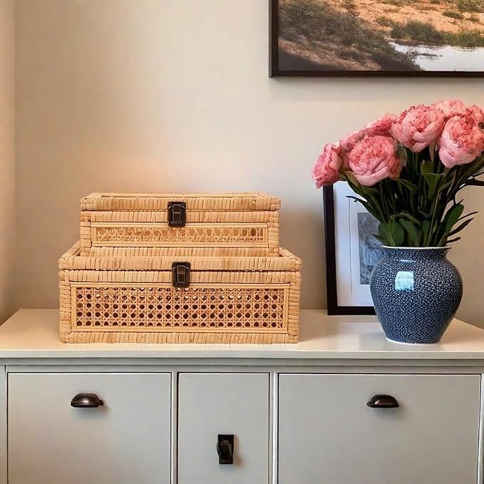 Extra Large Rattan Decorative Box With Lid, Glass Display, Wooden frame，Large size and Rectangular, Set of 2 Woven Decorative Boxes