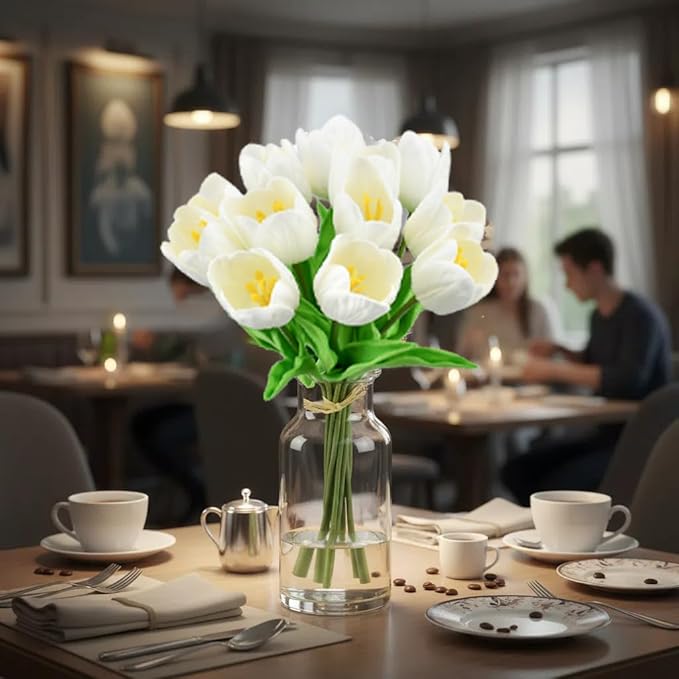 Mandy's Cream Partially Open Artificial Tulips Flowers Centerpiece, 13.5" Lifelike PU Fake Floral Stems 12pcs for Kitchen Island & Dining Table, Spring Decor for Easter