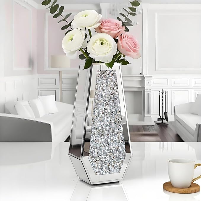 ALLARTONLY Flower Vase Crushed Diamond Mirrored Vase Crystal Silver Glass Decorative Mirror Vase Large Size Luxury For Home Decor. Diamond Shape Thickened. Can’t Hold Water.