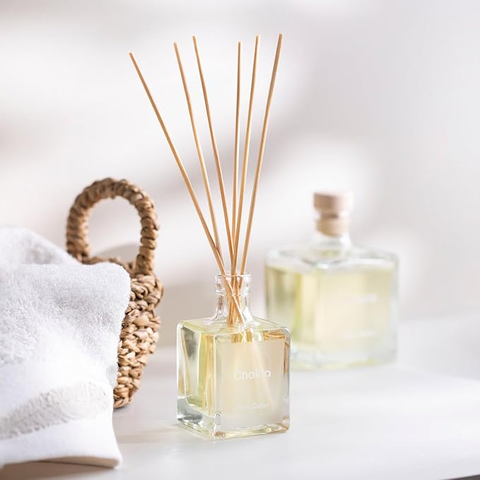 Chakra Reed Diffuser Set - Reed Diffusers for Home, Office and Living Spaces with Long-Lasting Fragrance, Scent Diffuser with Decorative Glass Bottle & Bamboo Sticks, 3.3 fl oz, Clean Cotton