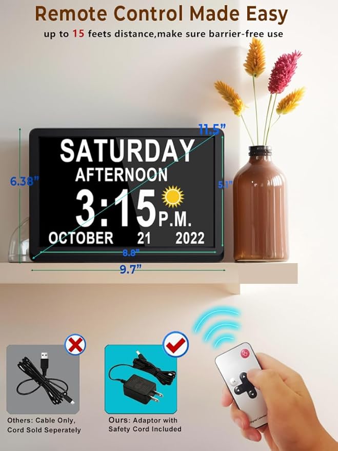 Upgraded 11.5" Large Clock with Voice Talking Date and Time, 27 Alarms Custom Reminders, Sleep Trainer, Large Number, Auto DST, 10 Levels Night Dimmer, Digital Calendar Clock for Elderly, with Remote
