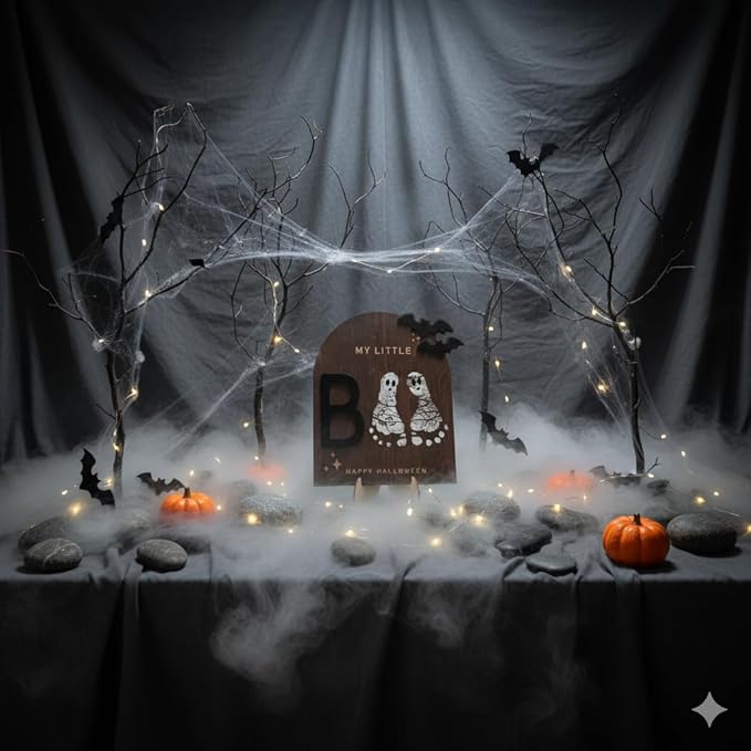 My Little Boo Wooden Halloween Sign – Baby Footprint Ghost Keepsake Plaque – Happy First Halloween Nursery Décor – Rustic Wooden Tabletop Sign for Baby. Newborn. Halloween baby
