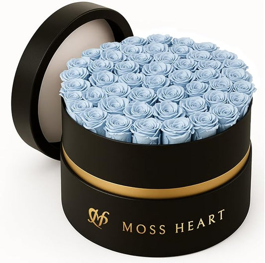 50 Petite Preserved Roses, Designer Round Box, Real Forever Roses Last 1+ Year, Premium Gift for Women, Wife, Girlfriend, Mother’s Day, Birthday, Anniversary, Valentine’s Day