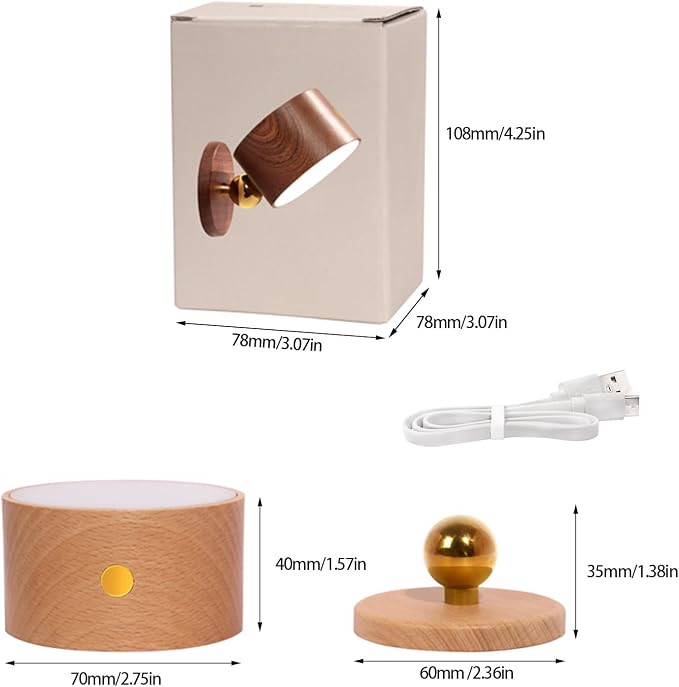 LANDGOO Wood Wall Sconce, Sapele Wood Magnetic 360° Rotatable Cordless Bedside Lamp Set, Rechargeable & Dimmable LED Lights with Touch Control, Wireless Wall Mount for Bedroom